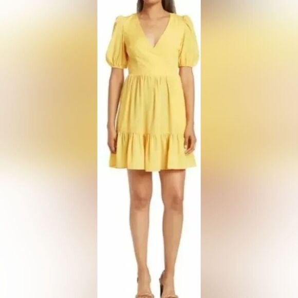 Eliza J Surplice V neck Puff Sleeve Dress NWT size 8 Yellow - Picture 1 of 5